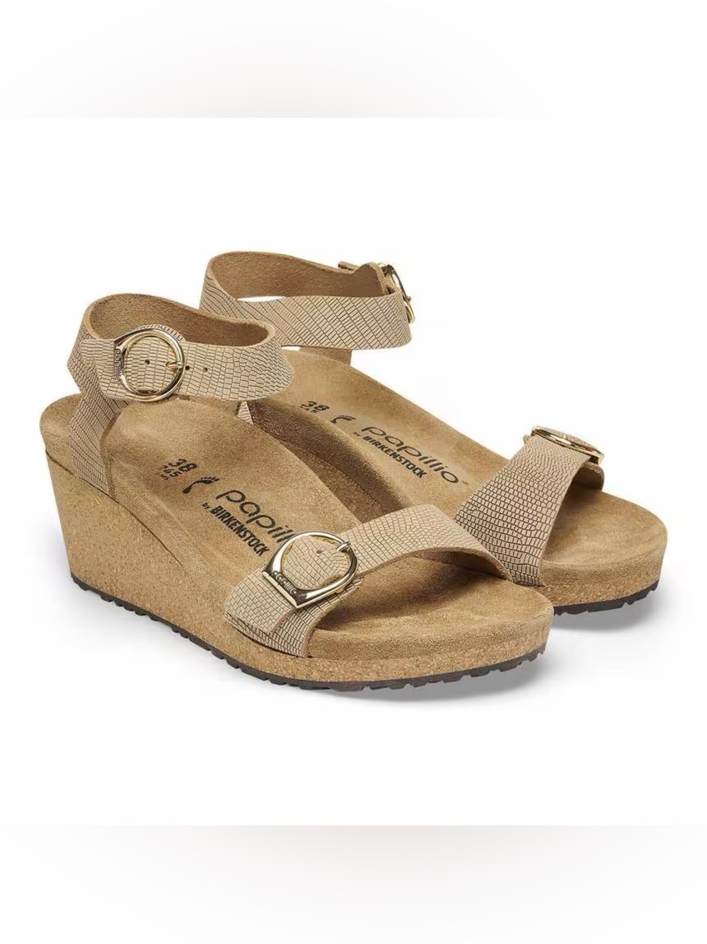 Birkenstock/Papillo Soley Wedge Embossed Leather Sandcastle Gold Buckles
